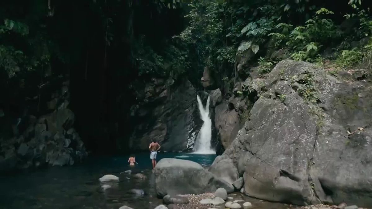 Baigneurs au pied d'une cascade en pleine forêt tropicale
